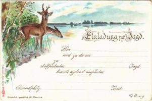 Einladung zur Jagd / Hunting invitation art postcard with deer. Th. Wendisch Art Nouveau, litho (EB)