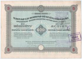 Budapest 1923. Magyar Czukoripar Részvénytársaság 5 részvénye egyenként 600K-ról, szelvényekkel, szárazpecséttel és bélyegzésekkel T:III