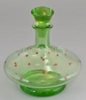 Pöttyös zöld likőrös üveg dugóval, dugón kisebb csorbákkal, m: 18 cm