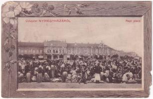 1913 Nyíregyháza, Napi piac, Városháza, üzletek. Borbély Sámuel kiadása. Floral (b)