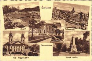 1944 Debrecen, Strand, fürdőzők, Déri múzeum, Bika szálloda, villamos, Hősök szobra, emlékmű, Református templom