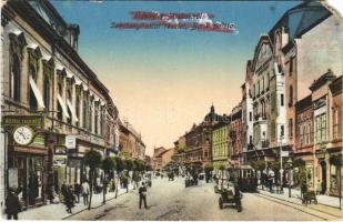 1916 Miskolc, Széchenyi utca, villamos, üzletek, Bank palota (EM)