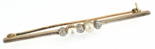 14k Arany (Au) Bross (brillekkel cca. 0,3 ct és édesvízi gyönggyel ékítve) és kalaptű. bruttó: 4,95 ...