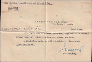 1944 Szolnok, Jász-Nagykun-Szolnok vármegye vitézi Székének értesítése, mely szerint a címzett fiának vitézzé avatása nem lehetséges, vitéz Bagossy István alezredes, székkapitány aláírásával