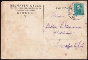 1936 Kisbér, Neumayer Gyula fűszer-, csemege-, festék, üveg- és porcelánkereskedése céges levelezőlap