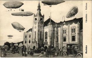 Munkács, Mukacheve, Mukacevo; Városháza, Rosner Mór, Grünfeld és Kahan Áron üzlete. A jövőben montázs, Reklám kiadása / town hall, shops. In the future montage