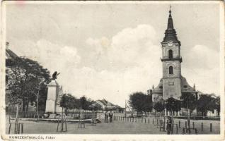1934 Kunszentmiklós, Fő tér, templom, hősök szobra, emlékmű (Rb)