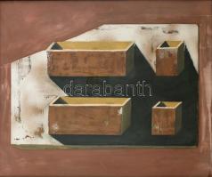 Szikora Tamás (1943-2012): Négy doboz árnyéka, 2007. Olaj, karton, jelezve jobbra lent. Üvegezett fa keretben. 31x42,5 cm