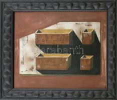 Szikora Tamás (1943-2012): Négy doboz árnyéka, 2007. Olaj, karton, jelezve jobbra lent. Üvegezett fa...