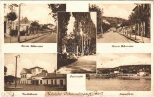 1933 Balatonalmádi, Baross Gábor utca, dohányáruda, automobil, park, vasútállomás, strandfürdő (fl)