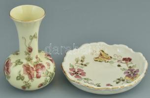 Zsolnay virágmintás porcelán vázácska és pillangómintás tálka, kézzel festett, jelzett, hibátlan, m: 11 cm, d: 12,5cm