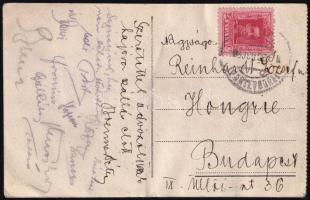 1926 BEAC labdarúgók aláirása a Kanári-szigeteki túra alkalmából hazaküldött képeslapon ( Pluhár István, Stoffián, Szántó, Kovács, Marcinkó, Boór, Fronius, Róza stb.)