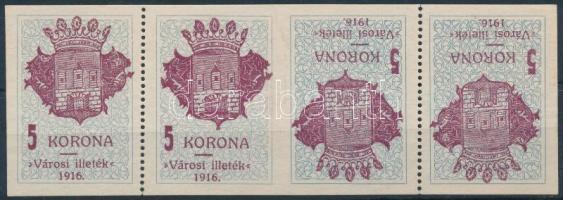 1916 Székesfehérvár 5K (IV/5a) középen fogazatlan fordított pár, teljes csík / fiscal stamp stripe of 4