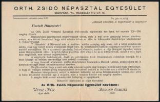 cca 1930 Orthodox Zsidó Népasztal Egyesület.felhívás és bizonylat