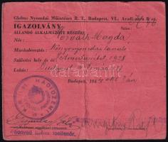 1944 Bp., Globus Nyomdai Műintézet Rt. (hadiüzem) igazolványa állandó alkalmazott részére