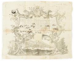 1800 Heidelberg, gazdagon díszített, illusztrált céhlevél koblentzi mester részére, szárazpecséttel, hátoldalán francia nyelvű feljegyzéssel. Kisebb foltokkal, sérülésekkel, hajtva, 42,5x35 cm
