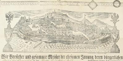 1811 Brünn (Brno), díszes, illusztrált céhlevél hentesmester részére, kétfejű sassal, száraz- és via...