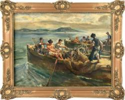 Udvary Pál (1900-1987): Balatoni halászok. Olaj, vászon. Jelezve jobbra lent. Bal felső részében kis...