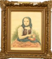Glatz Oszkár (1862-1958)-Prihoda István (1891-1956): Almát hámozó lány. Színezett rézkarc, papír, jelzett (Glatz Oszkár). Üvegezett, sérült keretben. 36x28 cm