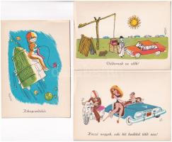 Közlekedési karikatúrák -18 db MODERN motívumos képeslap tokban / Modern postcard series in case with 18 postcards