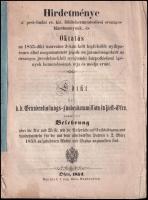 1854 A pest-budai cs. kir. földtehermentesítési országos bizottmány hirdetménye, és oktatás az 1853. márc. 2-án kelt császári nyílt parancs által megszüntetett jogok és járandóságokért nyújtandó kárpótlási igényekkel kapcsolatosan. Ofen (Buda), 1854, K. K. Ung. Univ. Buchdruckerei. 20+20+8 p. Magyar és német nyelven, sérült kötésben