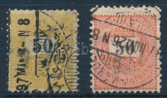 1889 Feketeszámú 50kr bélyeg érdekes citromsárga színben + téglavörös támpéldány, R!