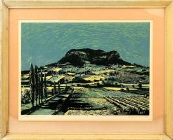 Csavlek András (1942-): Szentgyörgy hegy 970. Linómetszet, papír, 28x39 cm, jelzett, keretben.