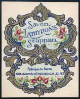 cca 1910 Amberg József (1890-1972?): Savon Lathyrone szappan csomagolásterv. Papír, vegyes technika, hátoldalán pecséttel jelzett, ragasztónyomok, 8x6,5 cm