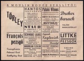 cca 1940 5 db Moulin Rouge reklám kártya, 12,5x8 cm + A Moulin Rouge szállítói reklámlap, középen hajtva, 20,5x15 cm