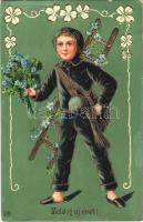 1909 Boldog Újévet! / New Year greeting art postcard with chimney sweeper and clovers. EAS litho