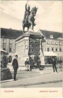 Zagreb, Zágráb; Jelacicev spomenik / Jellasics szobor, üzletek / monument, statue, shops