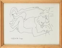 cca 1970 Vinkler László (1912-1980): Európa elrablása c. képéről készült nyomat, papír, üvegezett fa képkeretben. 21x30 cm