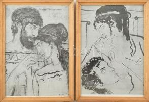 cca 1970 Vinkler László (1912-1980): Odysseus és Pénelopé valamint Orestes és Elektra c. képéről készült nyomat, papír, üvegezett fa képkeretben. 30x21 cm