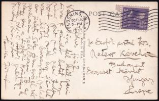 1939 A Budapest, Erzsébet körúti Meteor Kávéház siófoki asztaltársaságának Amerikából írt képeslap a társaság egyik tagjától