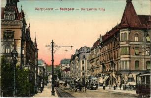 1913 Budapest II. Margit körút, villamosok, háttérben a Rózsadomb, Margit park kávéház
