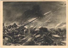 1941 Leichte Flak bringt ein im Tiefflug angreifendes britisches Kampfflugzeug zum Absturz. Der Adler die große Luftwaffen-Illustrierte / WWII German military art postcard, anti-aircraft gun s: R. Heß (EK)