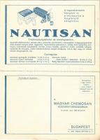 "A legmakacsabb hányást is elmulasztja a megfelelő adagolású Nautisan" Magyar Chemosan Részvénytársaság Budapest V. Gróf Tisza István utca 1. Kihajtható reklámlap / Hungarian medicine advertisement card. folding card