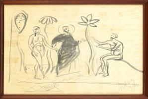 Vinkler László (1912-1980): Bibliai jelenet. Lavírozott tus, papír, jelzett, foltos. Üvegezett fa keretben, 29×39,5 cm