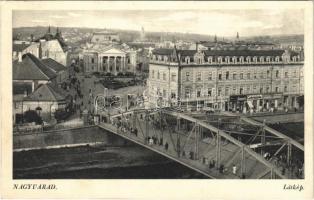 1941 Nagyvárad, Oradea; látkép, híd, cukrászda, Havas és Grünfeld üzlete, villamos / general view, bridge, confectionery, shops, tram (EK)