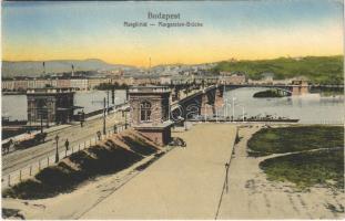 1918 Budapest, Margit híd (pesti hídfő), villamos. Taussig 66. + felülnyomott bélyeg, díszpecsét (József főherceg) (EK)