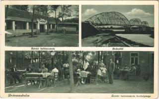 1939 Drávaszabolcs, Zsinkó halászcsárda és kerthelyisége, autóbusz, Dráva híd, zenekar, vendégek és pincérek. Tulajdonos Bosnyák András Halpaprikás mindig kapható (EK)