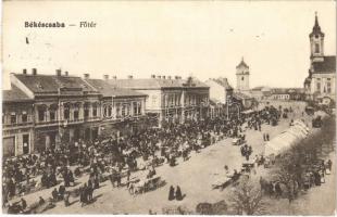 1917 Békéscsaba, Fő tér, templom, piac, üzletek, motor, városi vasút. Vasúti levelezőlapárusítás 8351.