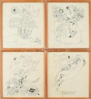 cca 1980 4 db Reich Károly (1922-1988) Ady versekhez készült illusztrációi. Nyomat, papír. Üvegezett fa keretben. Foltos. 4x34x31 cm