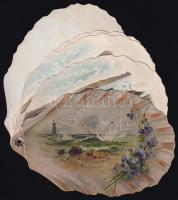 cca 1900 Souvenir de Créte / Krétai emlék, szecessziós, kagyló formájú, litho képes füzet, Rich. G. Krüger La Canée (Créte), 5 p., kisebb törésnyomokkal