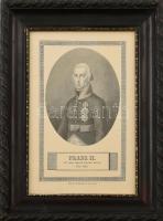 Meno Haas (1752-1833) után: II. Ferenc német-római császár, I. Ferenc magyar király portréja katonai egyenruhában, kitüntetésekkel. Acélmetszet, papír, jelzett a metszeten nyomtatva. Üvegezett fa keretben. 23x15 cm.