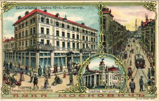 Sofia, Sophia, Sofiya; Grand Hotel Continental, Theatre National, street, tram. Luka Moskovich Art Nouveau, floral, litho