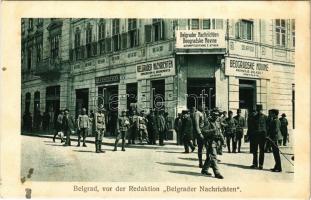 Belgrade, Beograd; vor der Redaktion "Belgrader Nachrichten" / Beogradske Novine, Bela Schossberger / street, Belgrade News editorial office, shop, soldiers