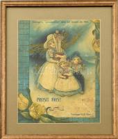 1905 Fattinger bécsi cég szecessziós újévi reklám nyomtatvány. Litográfia, papír. Sérült. Üvegezett fa keretben. 30x23,5 cm.
