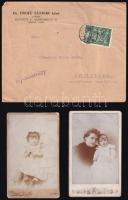 cca 1900 Báró Proff Kocsárd fia és felesége, 2 db keményhátú fotó, hátoldalon feliratozva + fejléces boríték, 10,5×6,5 cm