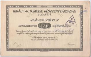 Budapest 1923. Király Automobil Részvénytársaság részvénye 170K-ról szelvényekkel, szárazpecséttel, felülbélyegzésekkel T:II-